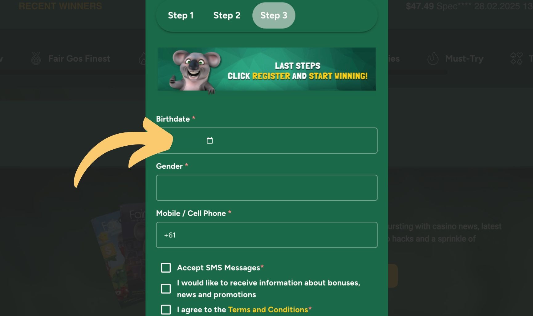 Fair Go Australia sign up birthdate details